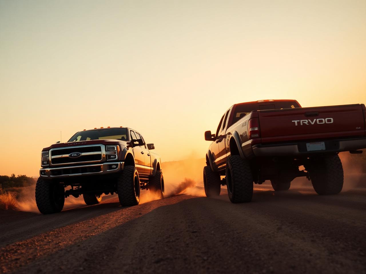 Two lifted trucks on a dusty road at sunset
