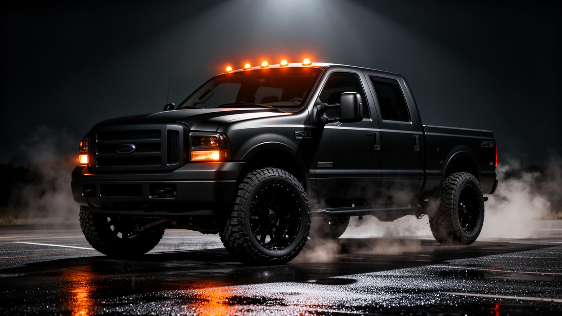Lifted black 2006 Ford F-250 Super Duty under a single overhead light